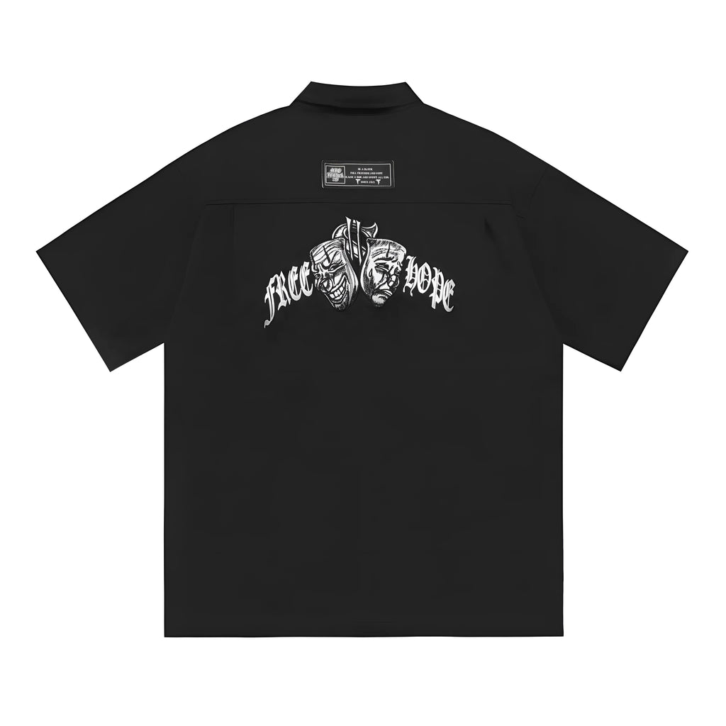 Men's black cotton blend half sleeve shirt with embroidered detail and front pockets in loose plus-size fit
