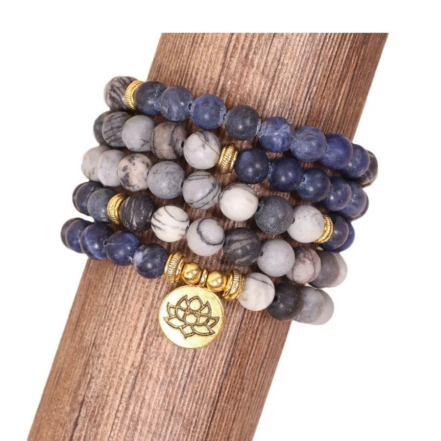 Blue patterned network stone bead multi-layer bracelet with alloy clasp on wrist