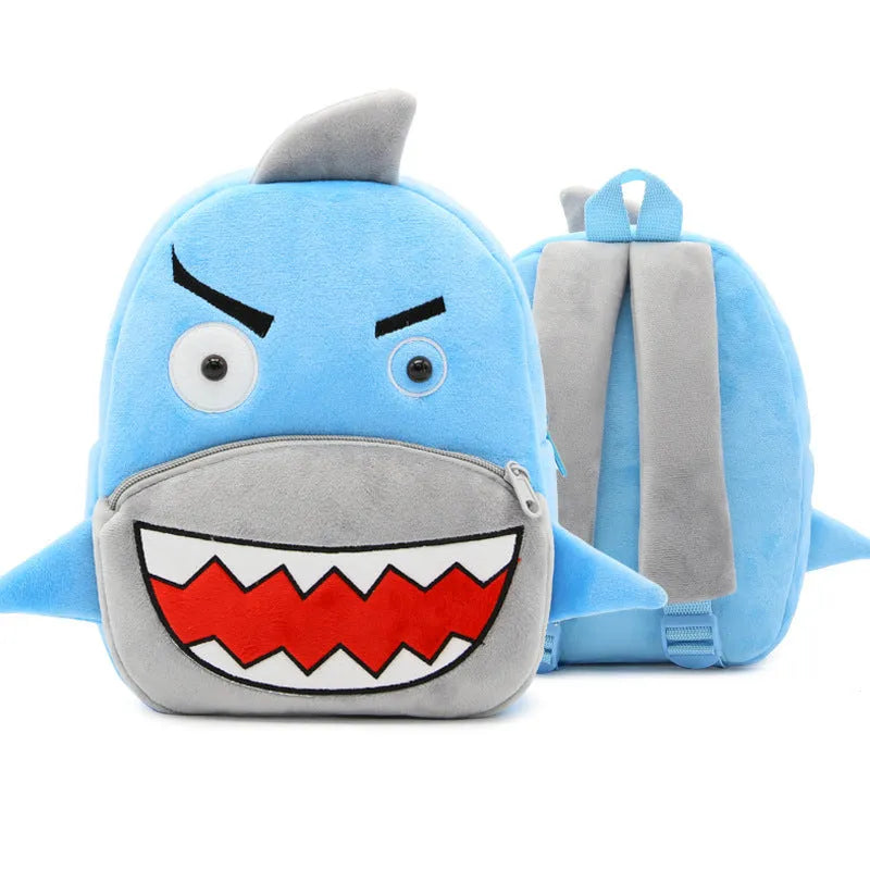 Soft plush children's backpack with cartoon animal design, showing zippered main compartment.