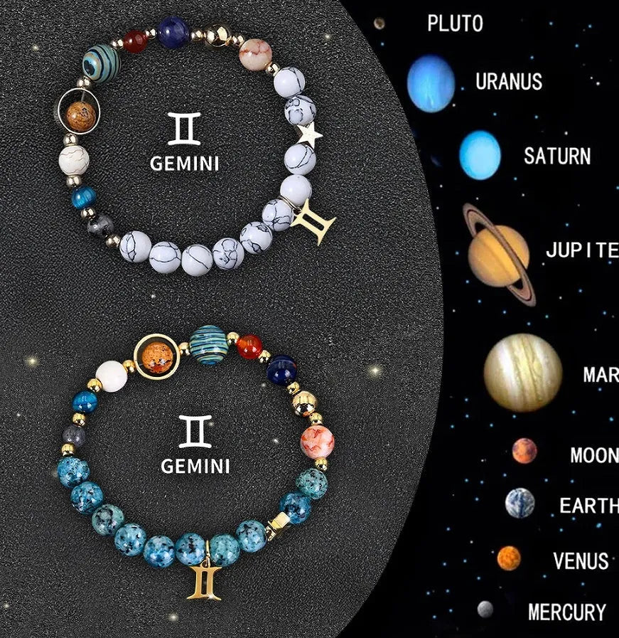 Set of twelve natural stone beaded bracelets for each zodiac sign arranged together.