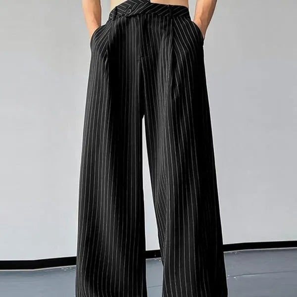 Black men's trousers with vertical stripes and front pleats in rabbit hair bamboo fibre fabric