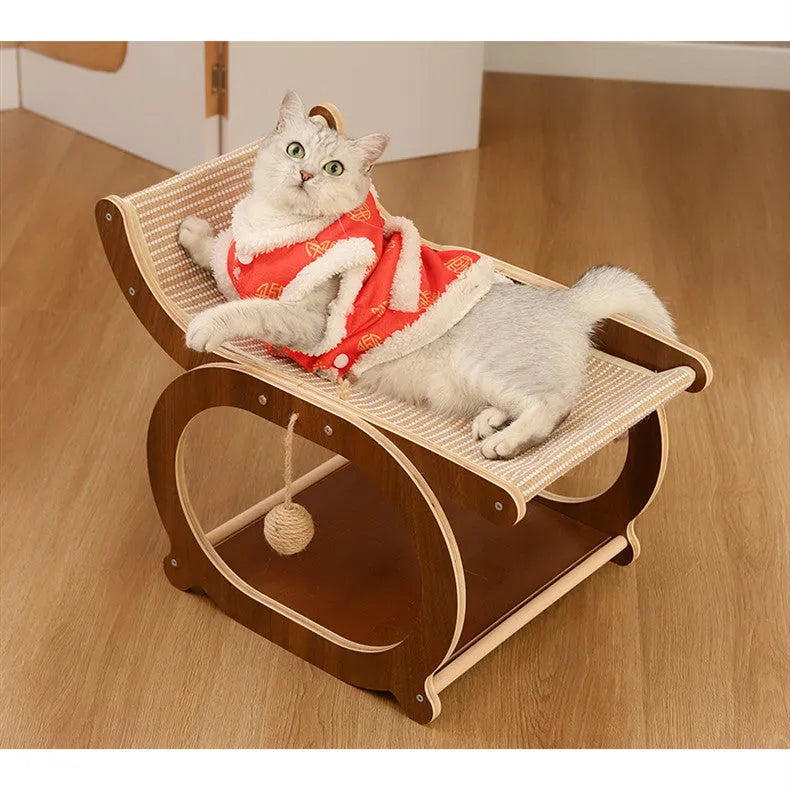 Solid wood sisal cat scratcher bed in walnut colour with scratch-resistant surface serving as multifunctional cat furniture