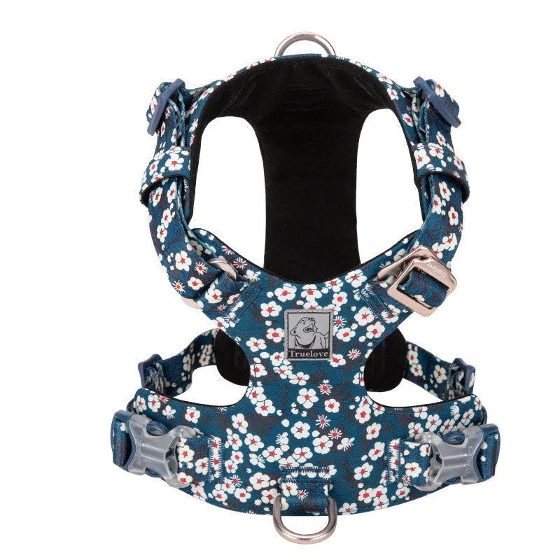 Floral pattern cotton dog harness with chest pull-resistant strap in blue, green, or red colour options