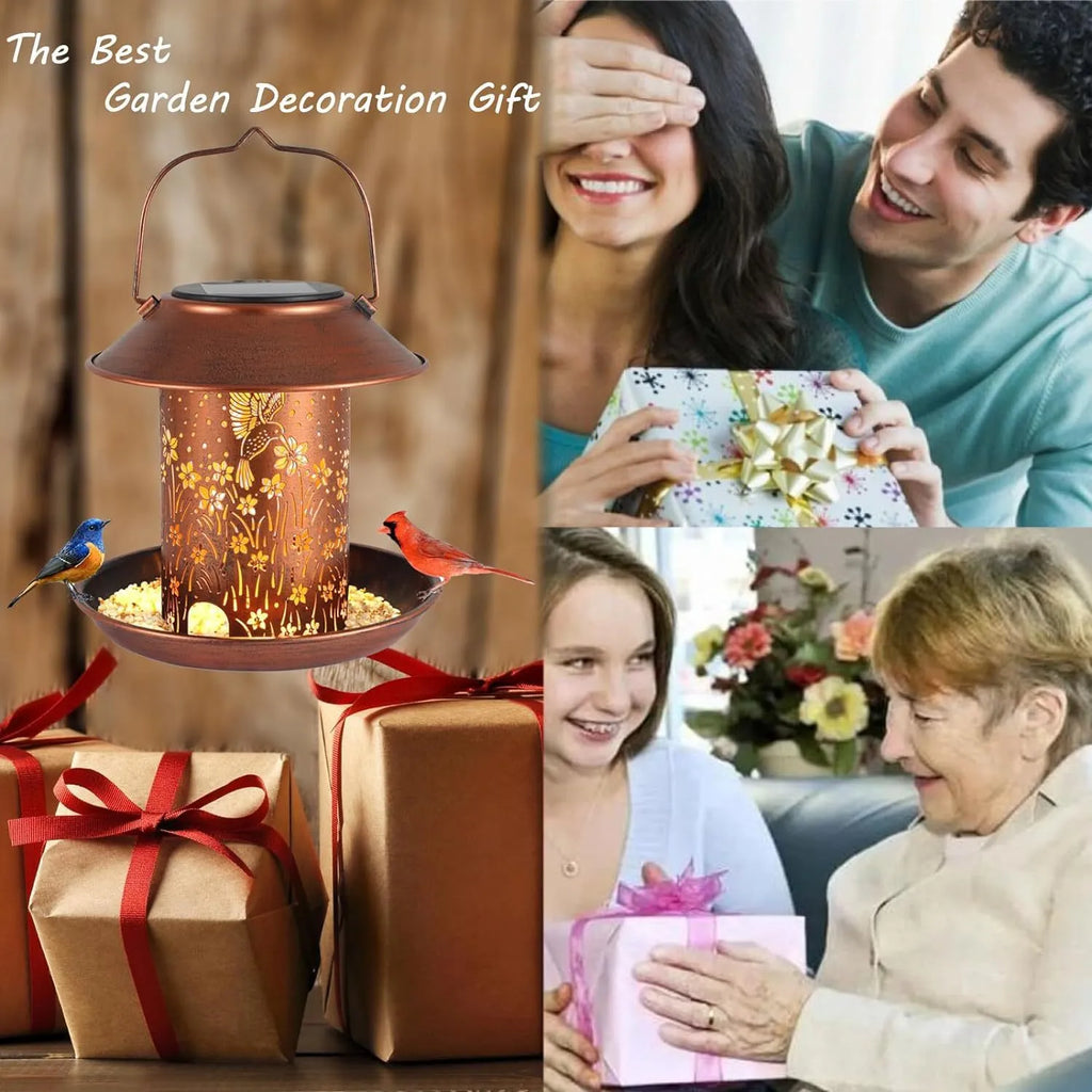 Iron solar bird feeder with hummingbird pattern and integrated LED light for outdoor garden use.