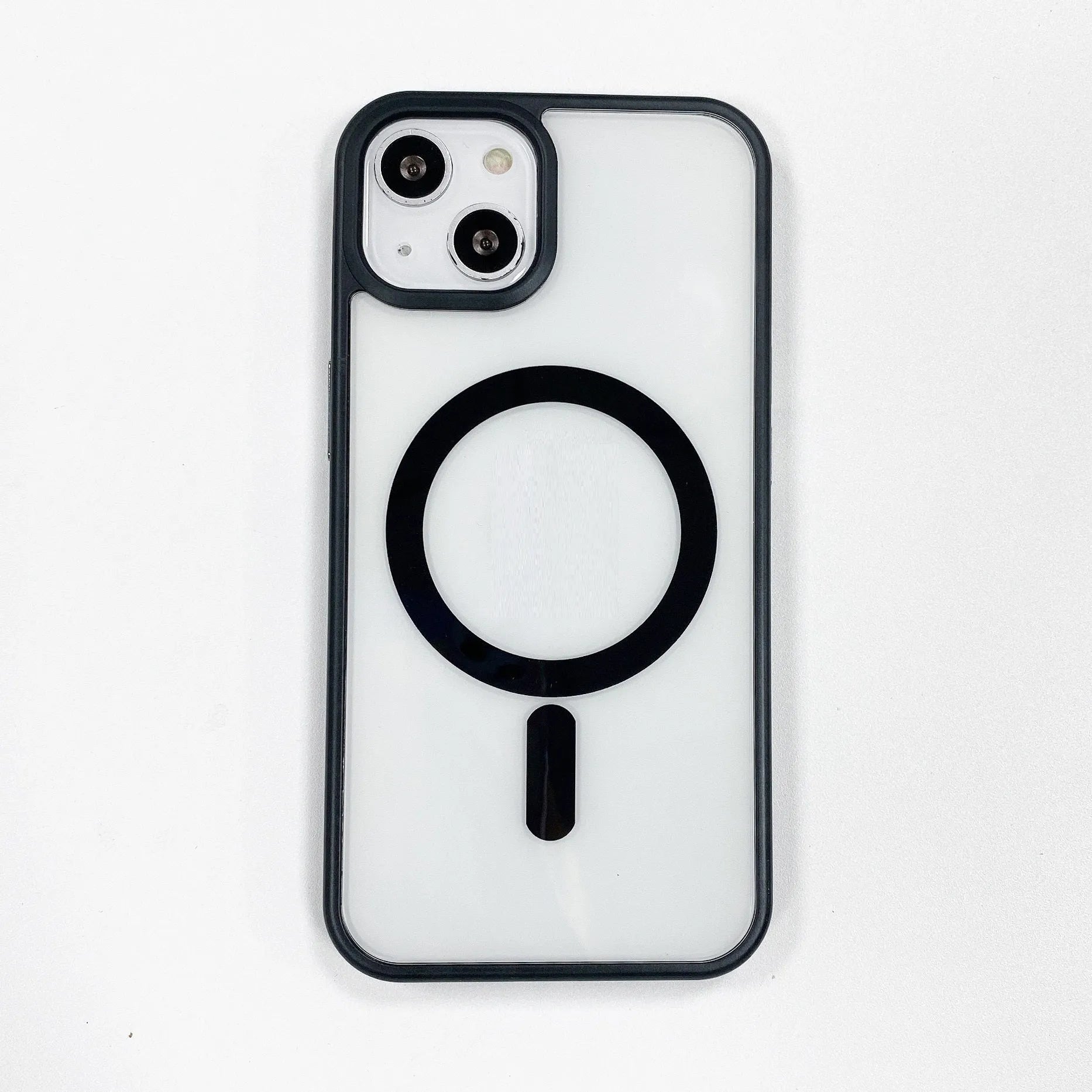 Transparent acrylic MagSafe phone case for iPhone showing magnetic ring and clear design