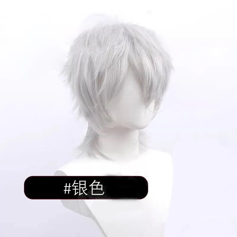 A short-style anime cosplay wig for men in a selected colour, showing its lengthened hair tail.