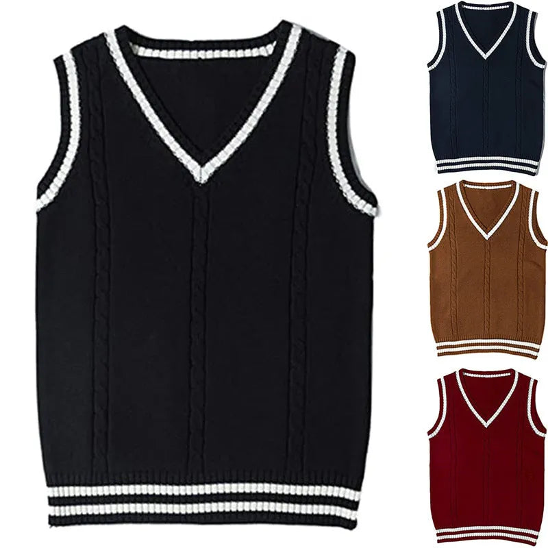 Women's slim fit V-neck acrylic knitted waistcoat sweater with striped stitching detail