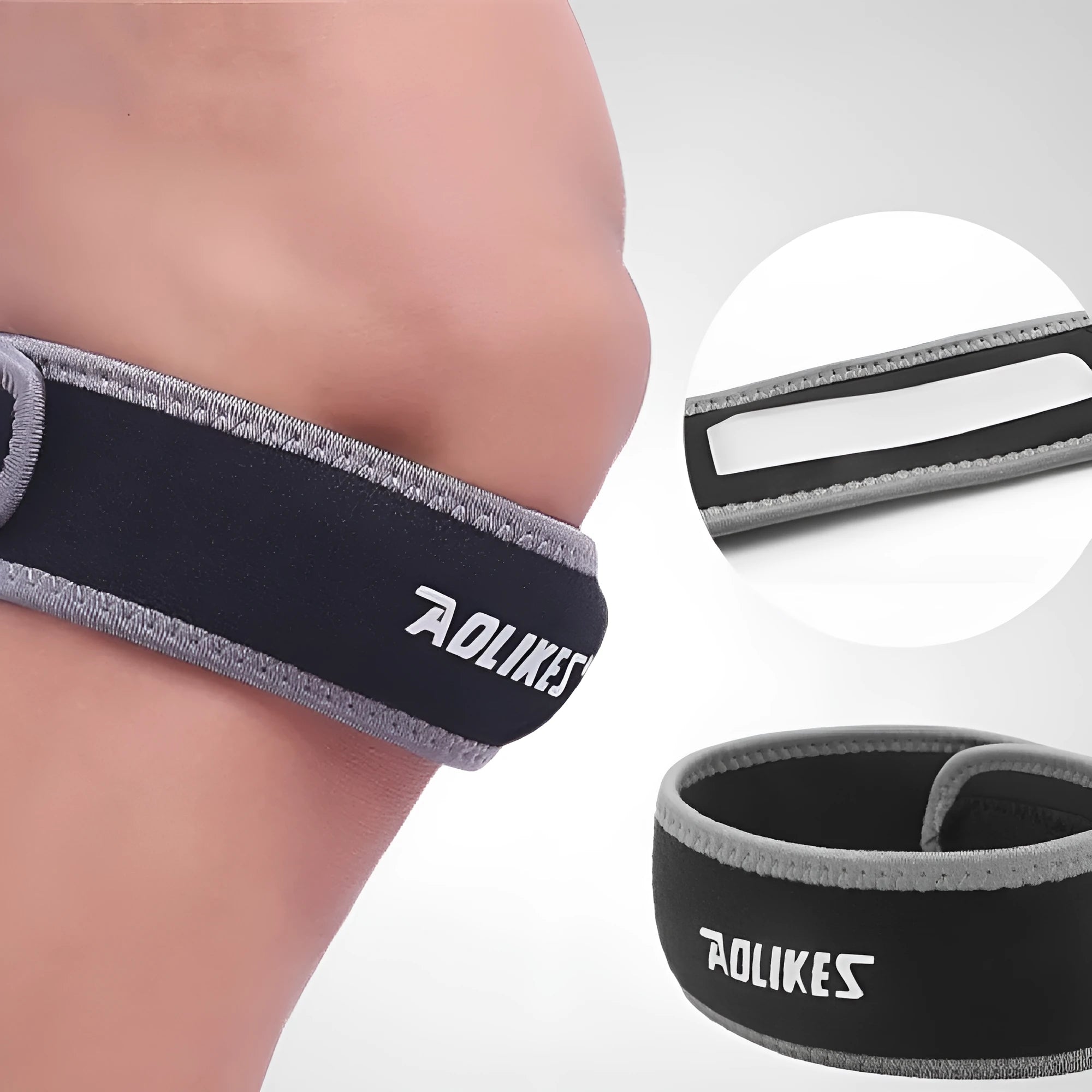 Black and grey adult patella retinaculum knee support bandage for sports.