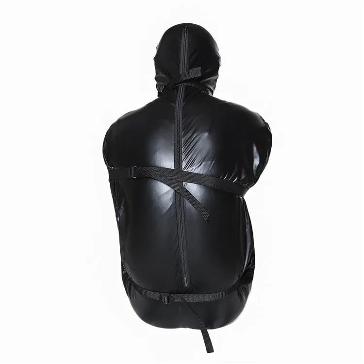 Black patent leather bondage set with body wrap garment and six ratchet tie-down straps