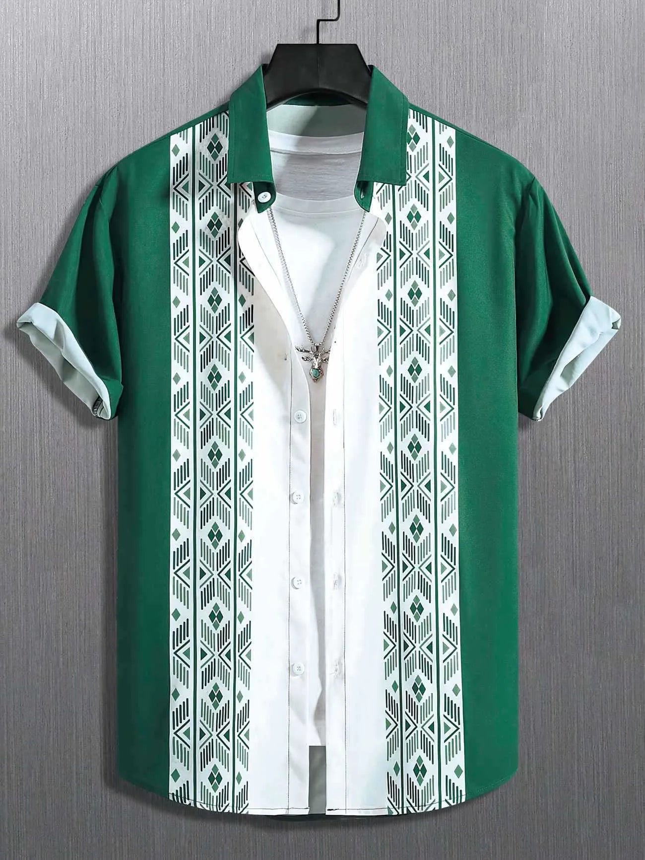 Man wearing a loose-fit contrast plaid short sleeve shirt in cardigan style.