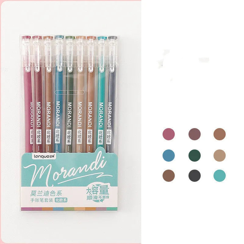 Set of nine retro gel pens with 0.5mm needle tips in plastic casing arranged by colour series