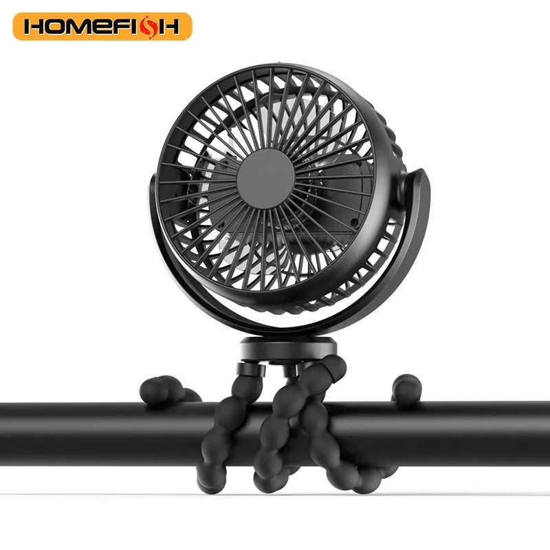 HOMEFISH F2 automatic shake head handheld fan with LED light on removable bracket.