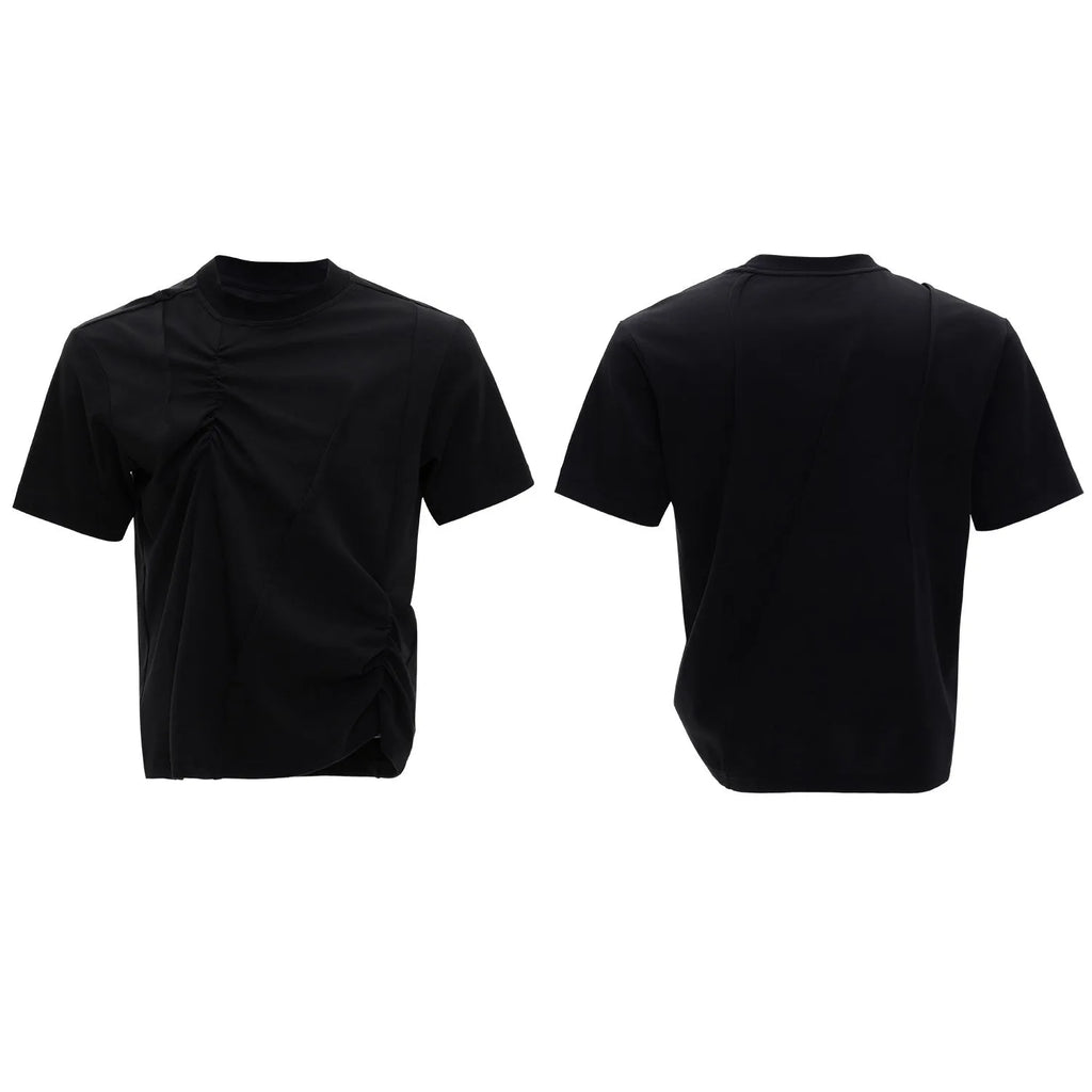 Men's black cotton T-shirt with three-dimensional pleated texture, round neck and short sleeves