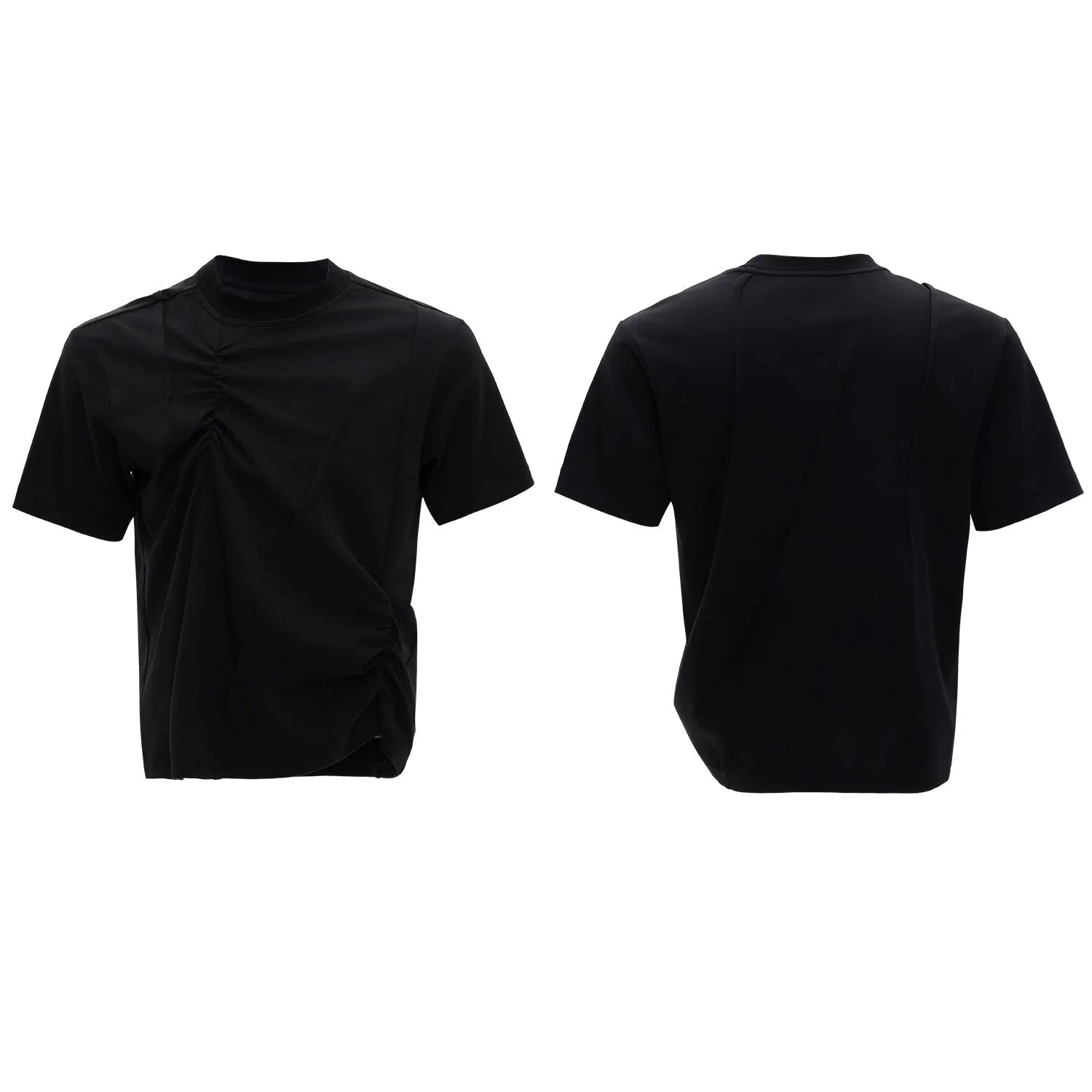 Men's black cotton T-shirt with three-dimensional pleated texture, round neck and short sleeves
