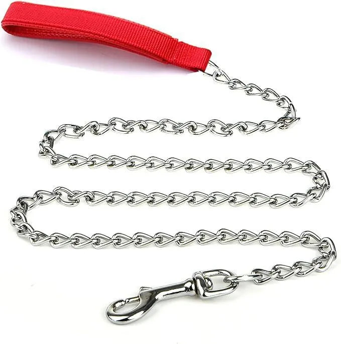 Heavy duty metal dog leash chain with soft padded handle in black, blue or red colours