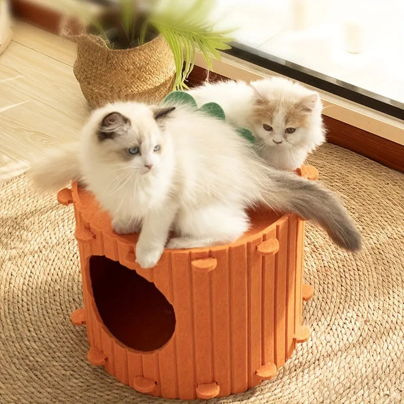 Carrot-shaped felt cat tunnel nest in semi-enclosed design showing M and L size options
