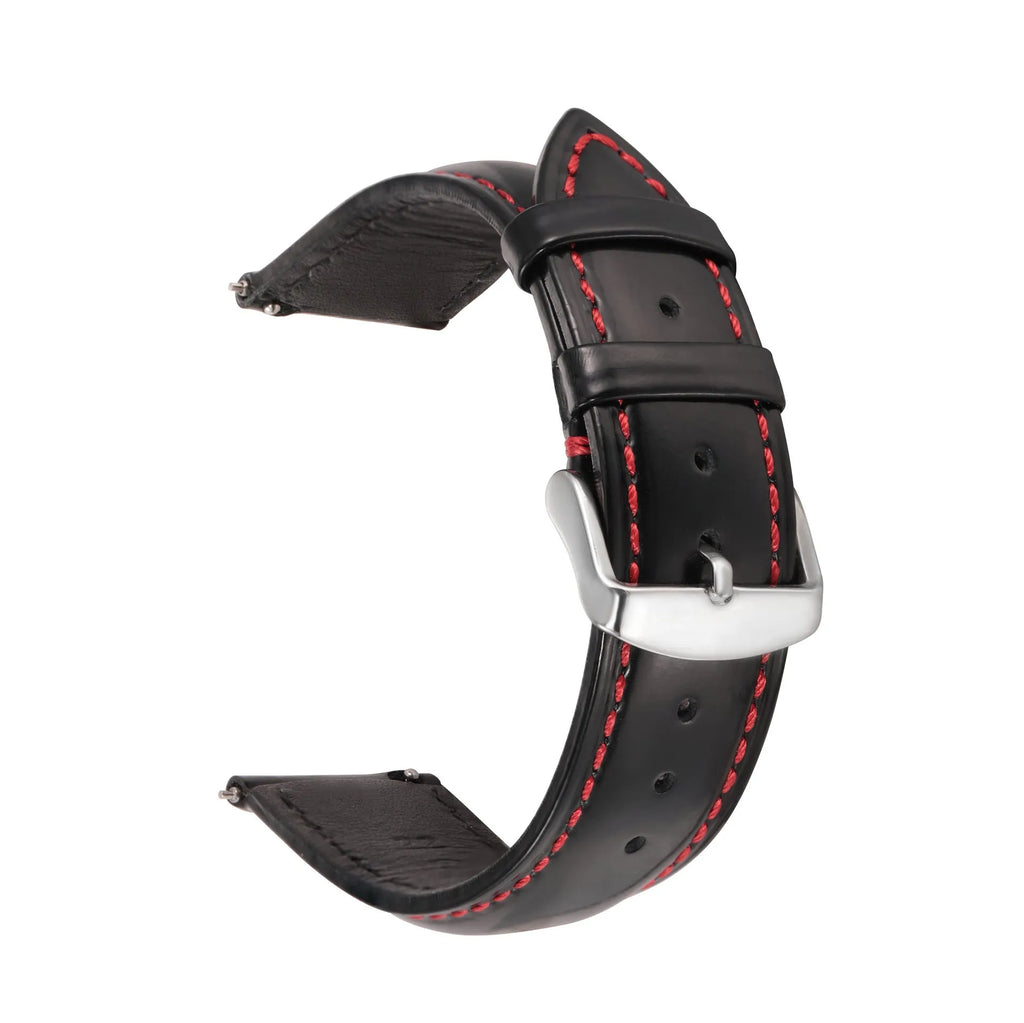 Quick release leather watch strap in bright cowhide, shown in various colours and widths on a watch