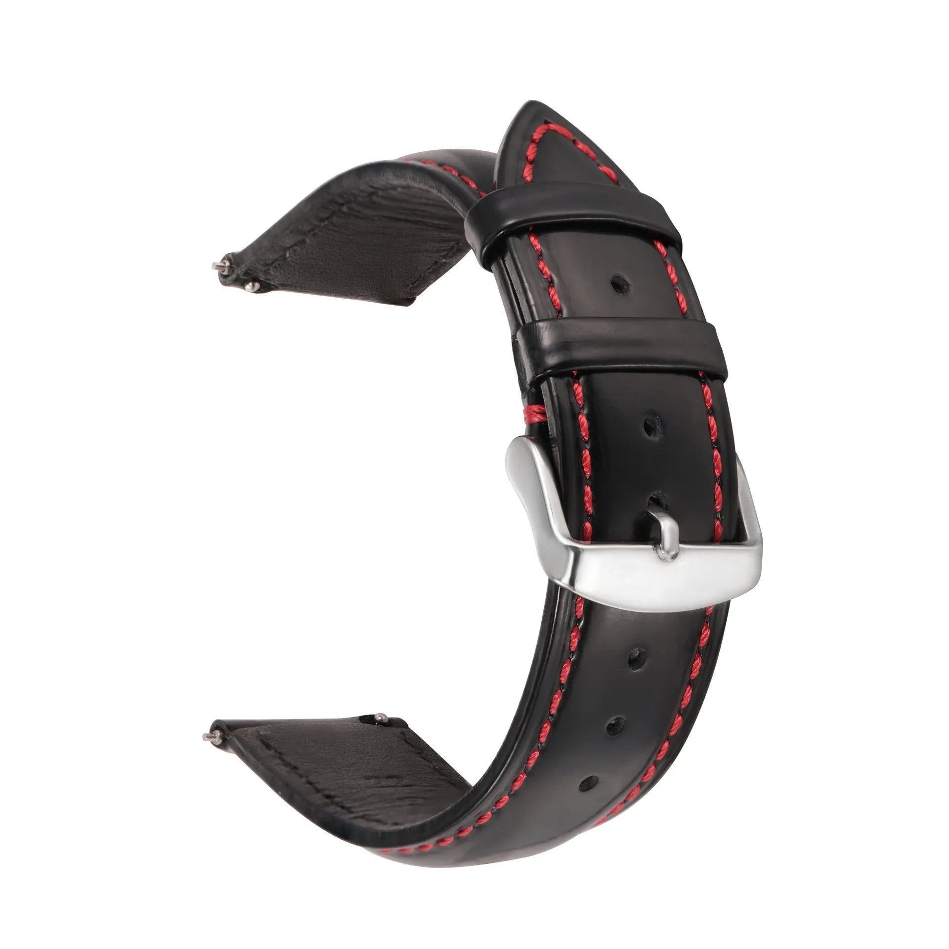 Quick release leather watch strap in bright cowhide, shown in various colours and widths on a watch