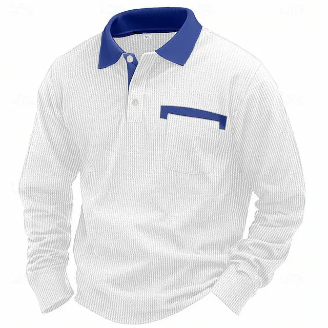 Man wearing a long-sleeved waffle texture polo shirt in a loose fit, showcasing the asymmetric detail.