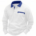 Man wearing a long-sleeved waffle texture polo shirt in a loose fit, showcasing the asymmetric detail.