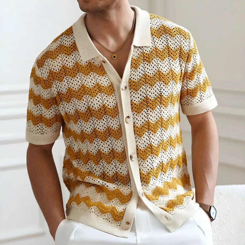 Yellow short sleeve sweater with textured hollow jacquard corrugated and flocked detail on a mannequin.