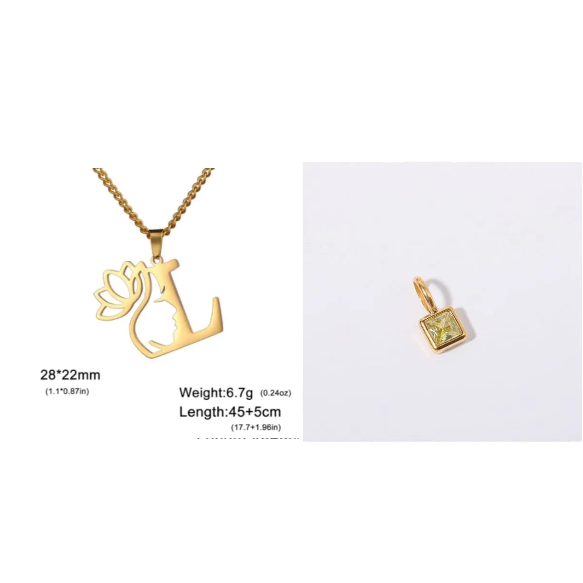 Stainless steel necklace with cross chain and a single letter pendant in gold or silver finish.