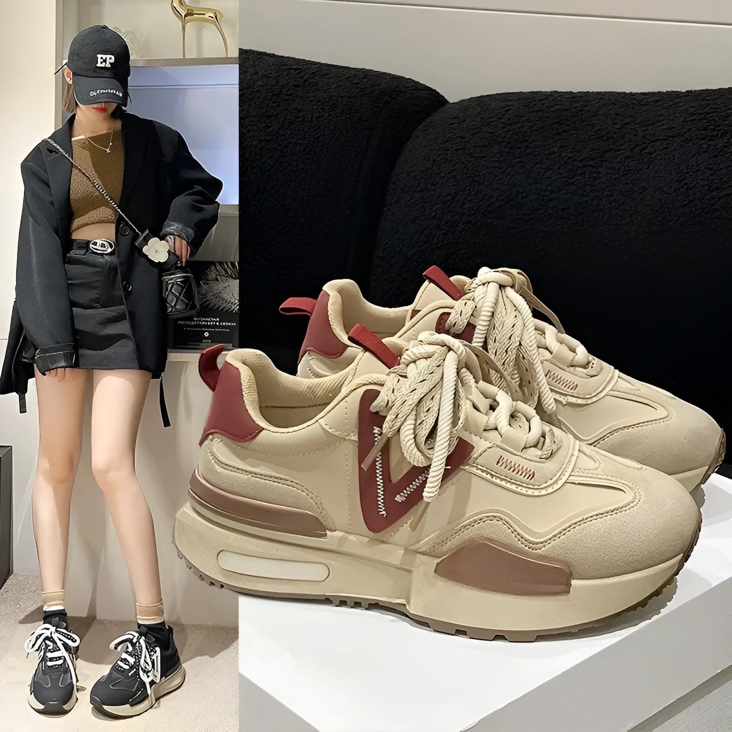 Women's black retro platform sports shoes with round toe and lace-up design on a white background.
