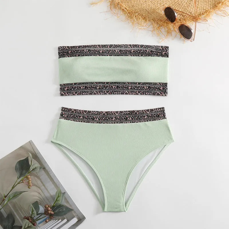 Black strapless split swimsuit with leopard print splicing on quick-drying nylon briefs
