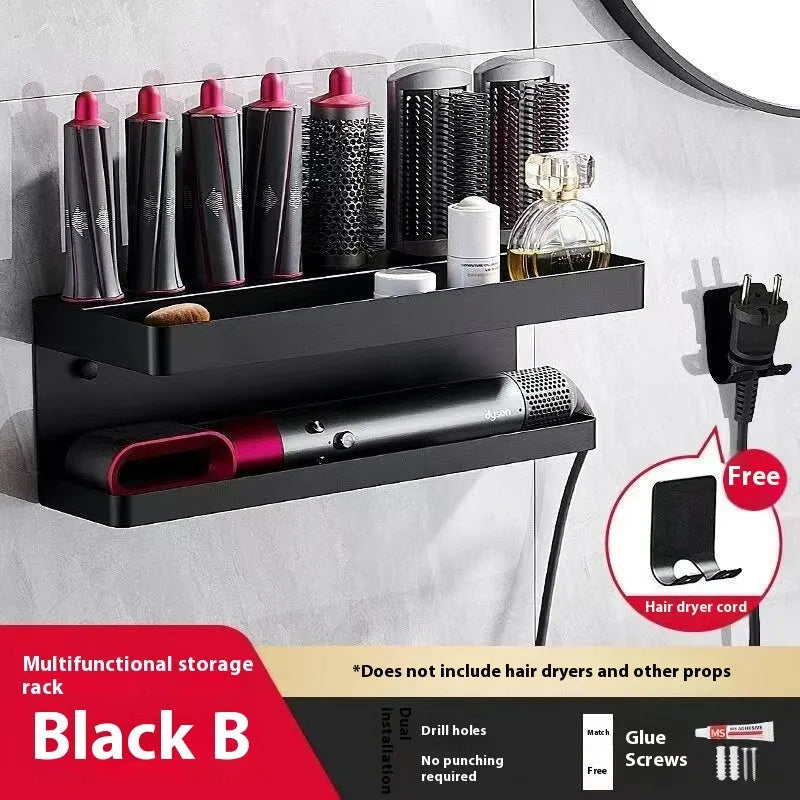 White punch-free Marcel waver shaped bathroom storage rack with two aluminium tiers for hair curler organisation