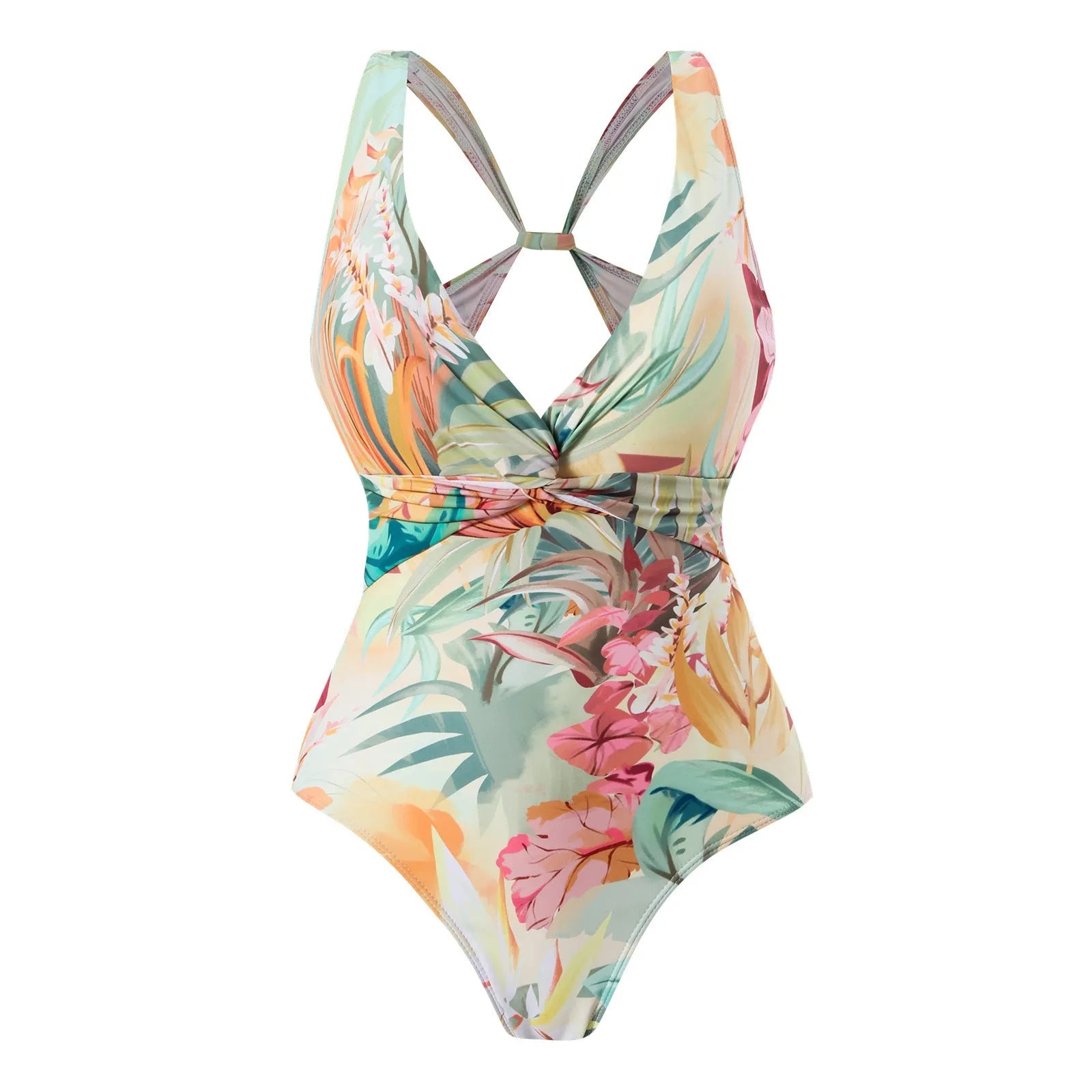 Women's conservative one-piece swimsuit with vintage floral print and short sleeves