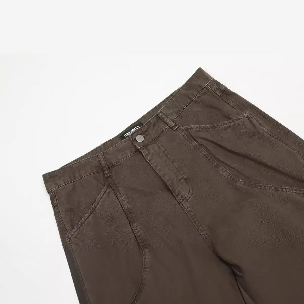 Men's brown loose straight-leg trousers with high waist and wide leg opening