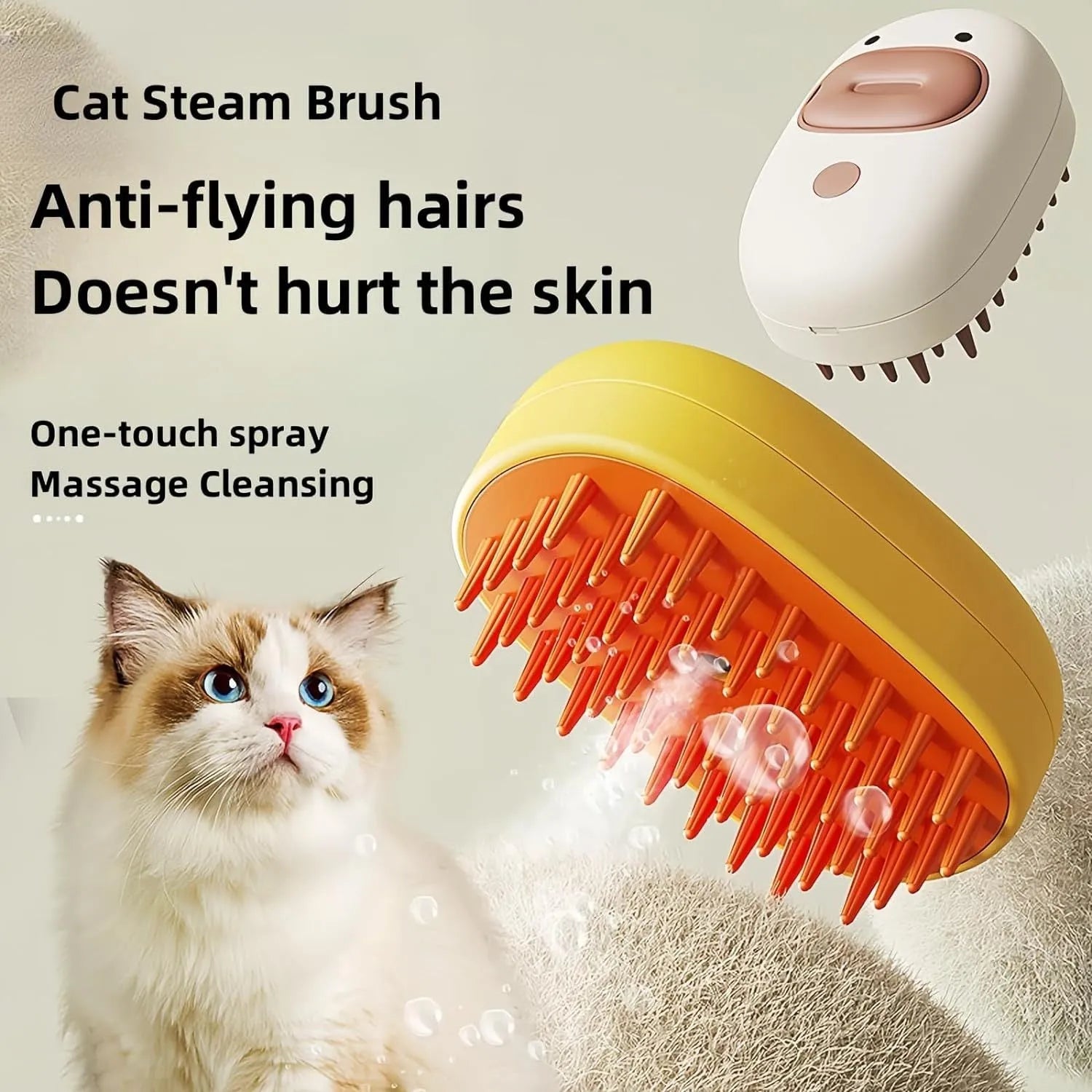 White or yellow rechargeable pet steam brush with water tank and rubber comb teeth