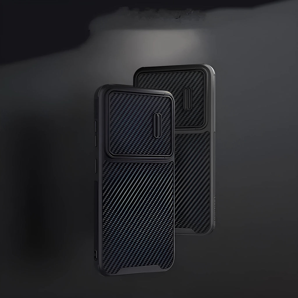 Black Samsung S23 phone case with a flip-up cover protecting the camera lenses.