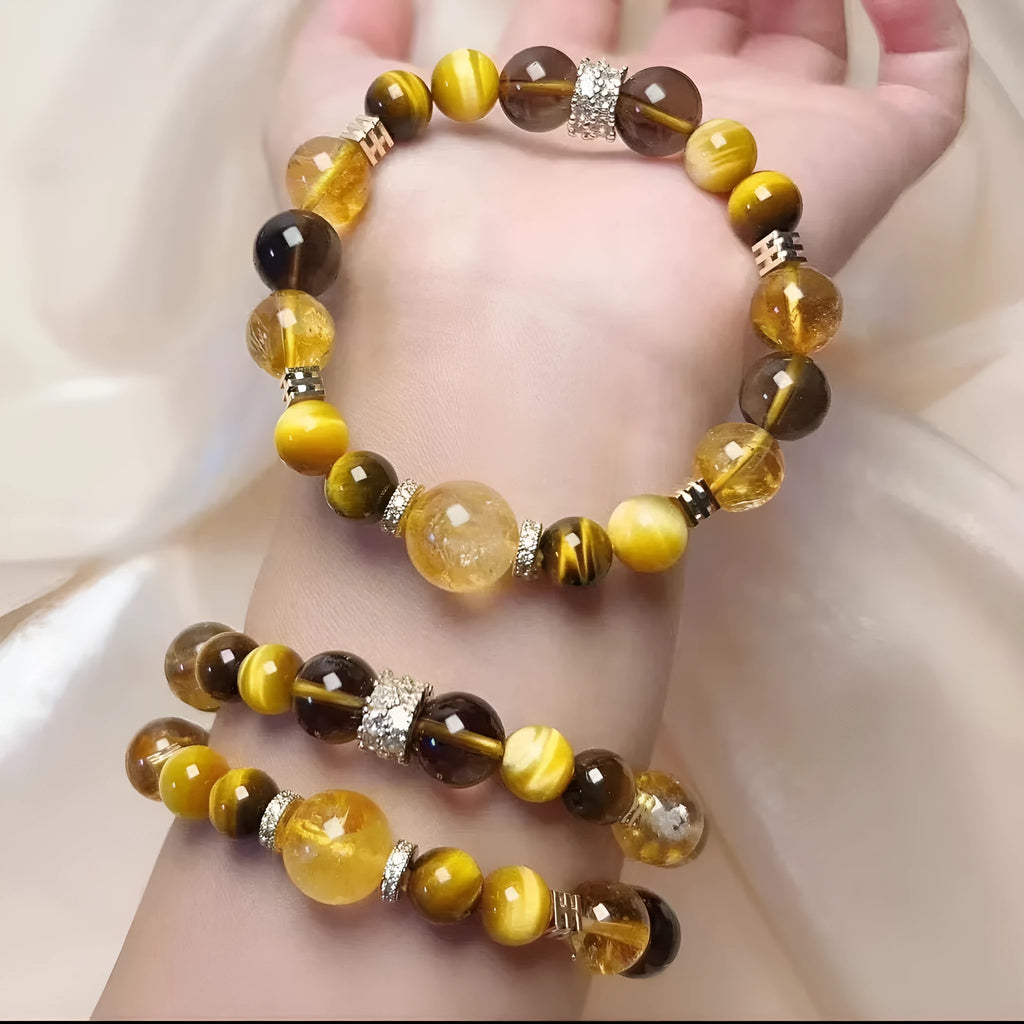 Handmade yellow artificial crystal bead bracelet with 10mm Jinba style beads and adjustable string closure