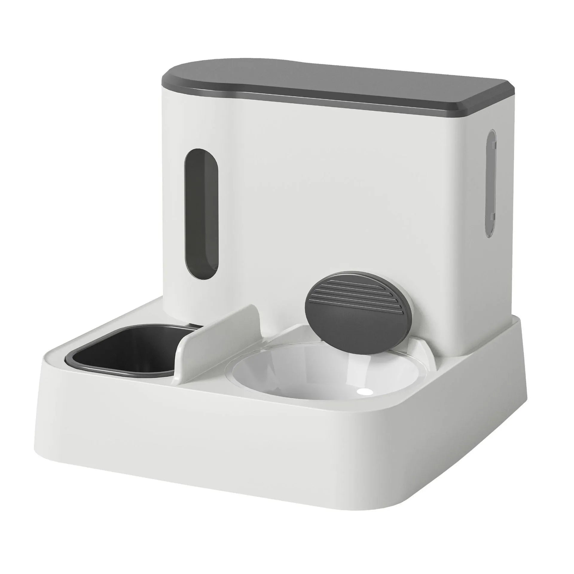 Grey automatic cat feeder and water dispenser station with integrated double bowls on a wooden floor.