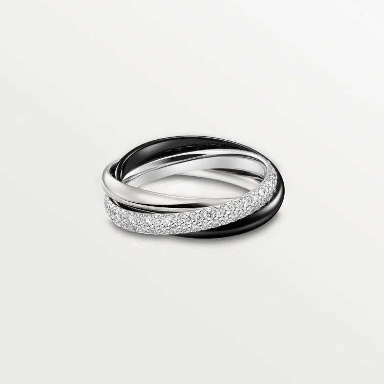 Geometric U-shape sterling silver couple ring with a full diamond band, shown in a gold rose silver finish.