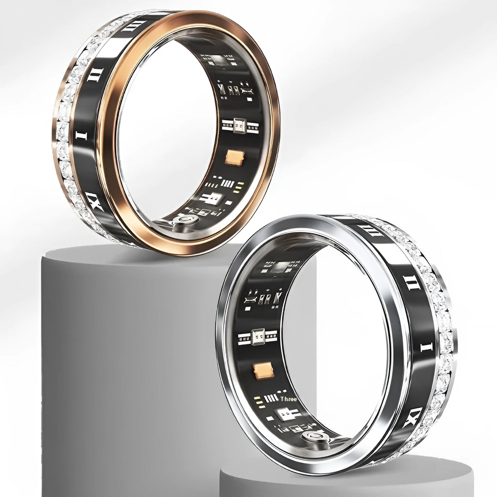 Diamond-inlaid smart ring in gold and silver colours showing health monitoring technology