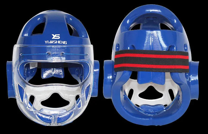 White, blue, and red karate boxing helmet headgear in sizes S, M, L, XL for head protection.