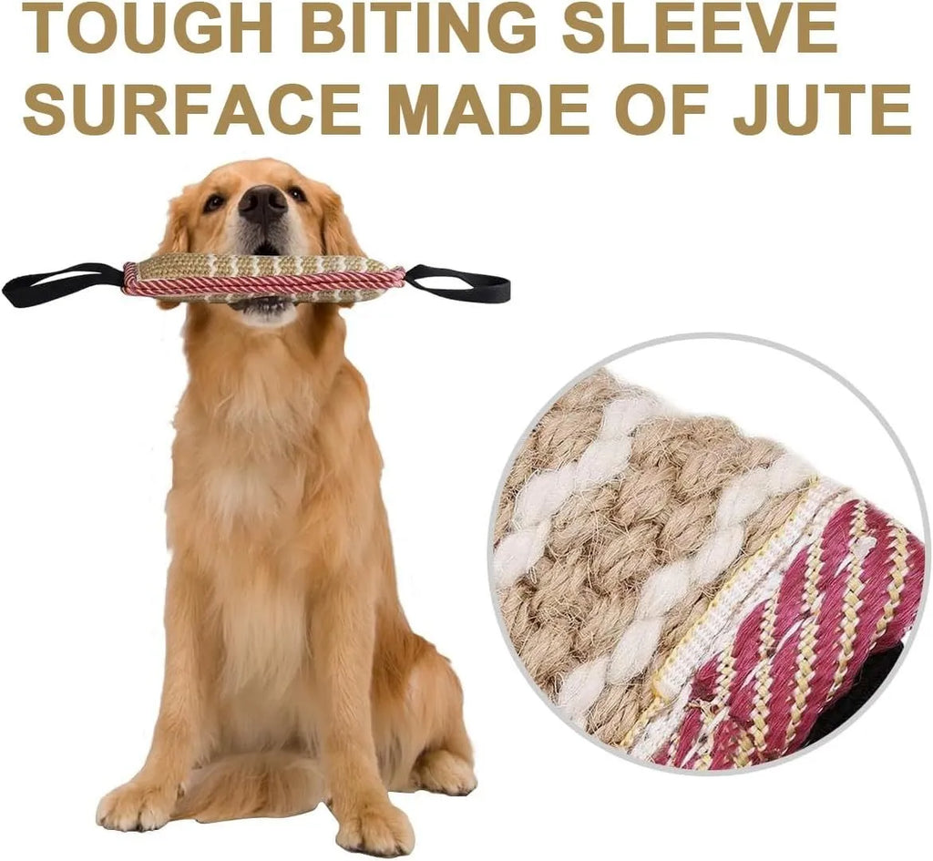 Beige jute dog tug toy with two handles showing double stitching along biting sleeve