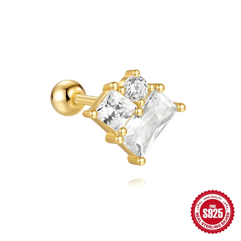 S925 sterling silver square gravel stud earring with red centre and gold plating