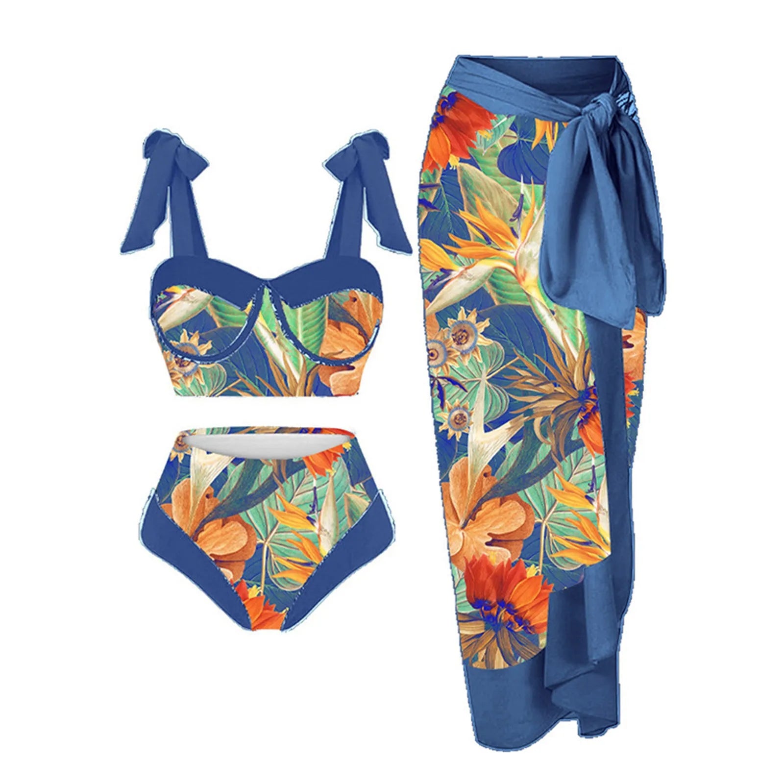 Women's pink printing split swimsuit three-piece set with skirt, bra, and panties.
