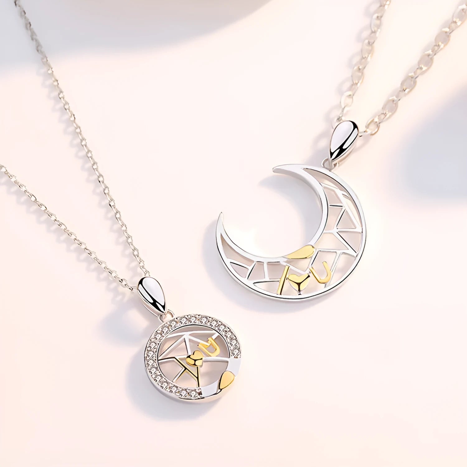Red sun moon couple necklace with copper pendants on cross chain