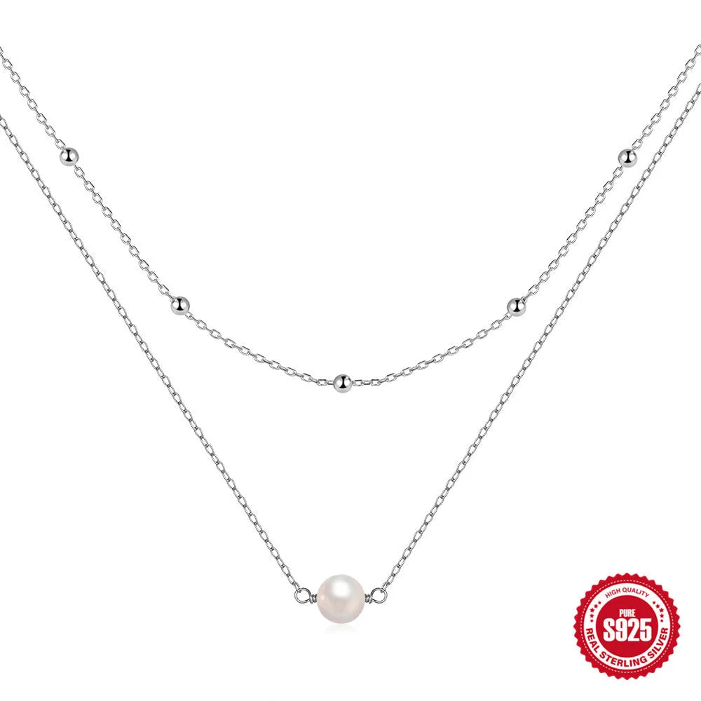 S925 sterling silver double layer pearl necklace with ball bead chain in gold finish