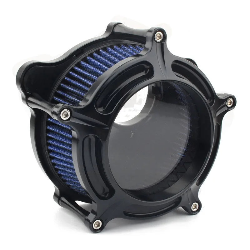 Aluminium air filter retrofitting accessories in multiple colour options including black, red, blue, and electroplated finishes