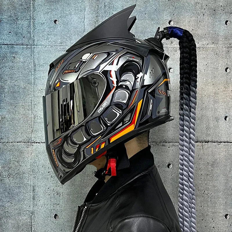 Couples' Dirty Braids graphic full face motorcycle helmet in ABS plastic on a white background.