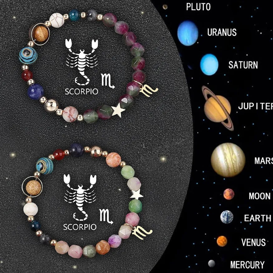 Natural stone beaded zodiac bracelets showing twelve astrological sign designs on elastic cord