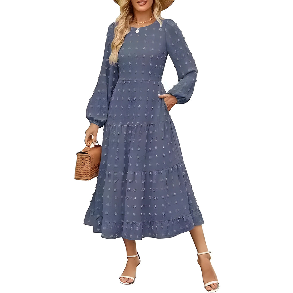 Women's beige long sleeve casual dress with ruffled sleeves and a high waist, shown on a hanger.