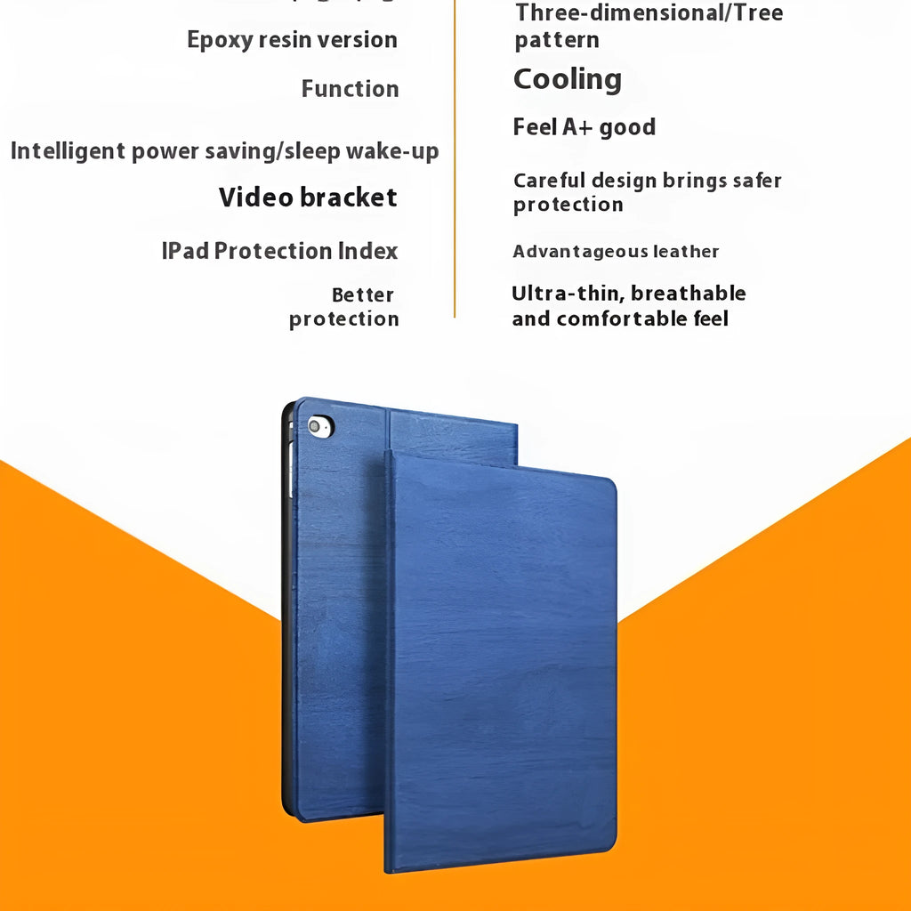 Sapphire blue imitation leather universal iPad protective cover with integrated sleep bracket stand shown open.