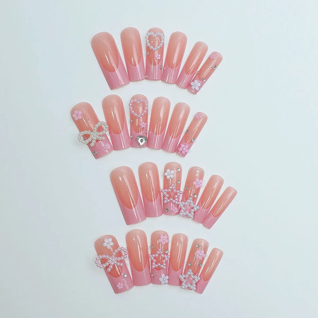 Super long water pipe French spot drill bow false nails with love pattern design in XB-70-48 colour for ladies manicure