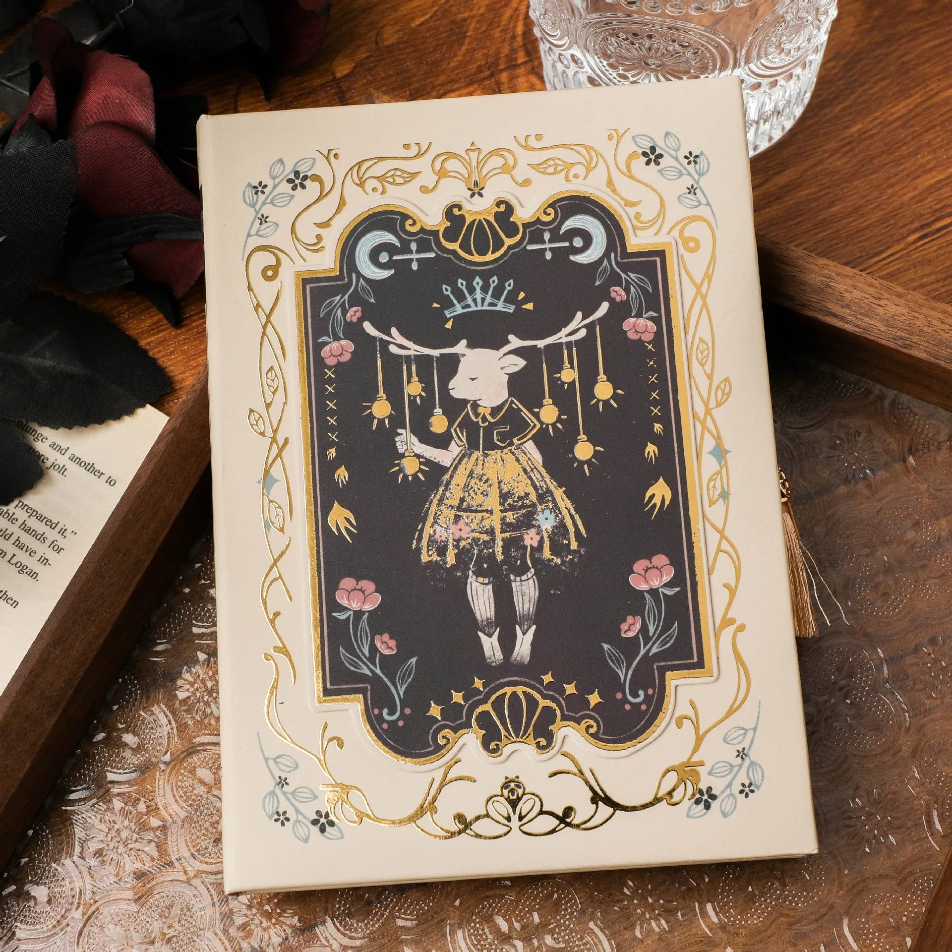 A5 hardcover notebook with gothic retro art cover, open to show 40g wood pulp paper.
